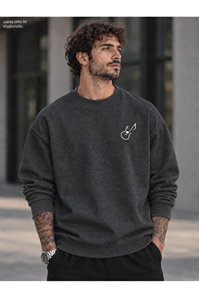 caddekombin Men's Chest Emblem Guitar Note Line Graphic Printed Crew Neck Cas...