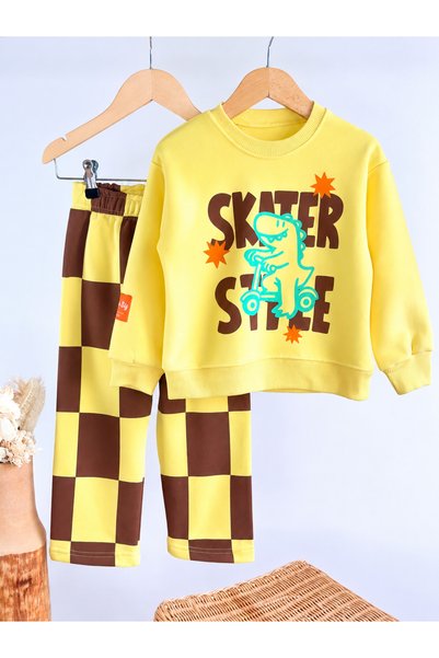elzo collection Erkek Çocuk Sarı Yazı Ve Figür Baskılı Sweatshirt Damalı 3İplik Eşofman Alt Üst Takım