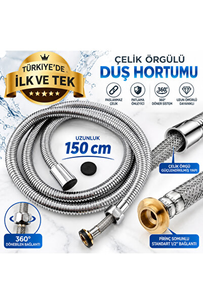 DESIPHON Çelik Flex Sargılı Duş Hortumu 150 cm Paslanmaz Çelik Örgülü 360° Dö...