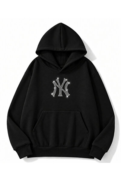MOONBULL Unisex NY Taş Baskılı 3 İplik Kışlık Kapüşonlu Kanguru Cepli Oversiz...