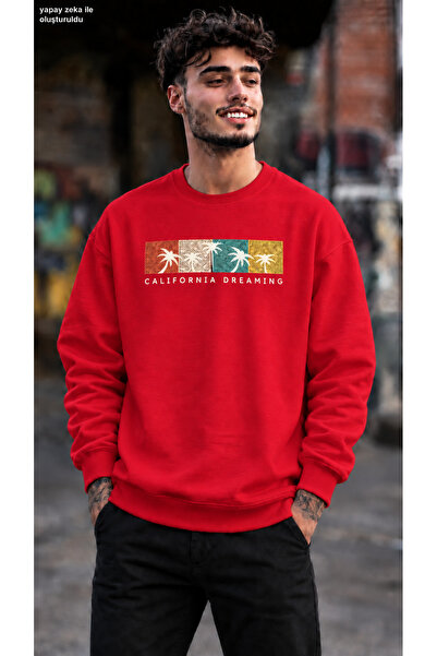 caddekombin Men's California Dreaming Palm Tree Printed Crew Neck Casual Regu...