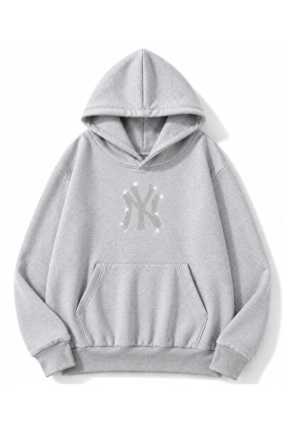 MOONBULL Unisex NY Taş Baskılı 3 İplik Kışlık Kapüşonlu Kanguru Cepli Oversiz...