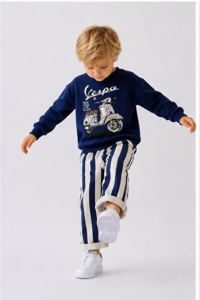 Parskidswear Motor Baskı Detaylı Erkek Çocuk Lacivert Sweatshirt & Çizgili Eş...