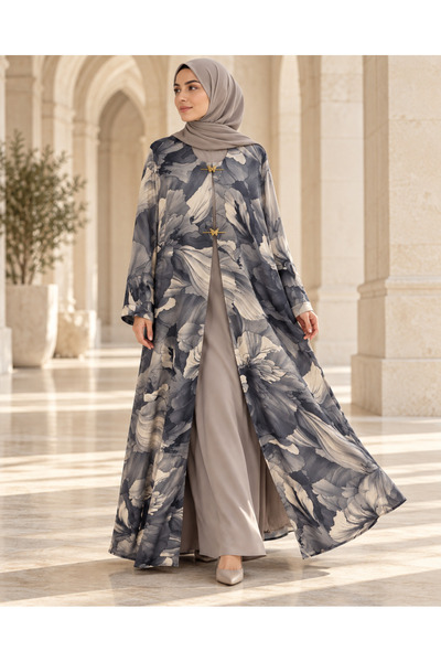 KAVALEE Grey Floral Open Abaya with Gold Butterfly Buttons & Scarf