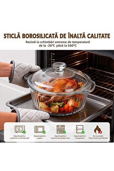 AUROV AV Vas Termorezistent, Sticla Borosilicata, cu Capac din Sticla, Pentru Cuptor, 1, 5 litri, Transparent