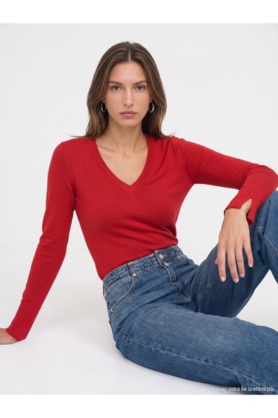 Dilvin 10427 V-Neck Pullover with Slit Sleeves - Red
