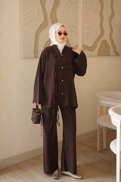 İmajButik Brown Lace Detailed Tunic and Trousers Set