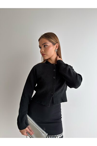 KENZA'A TRİKO Belly-Cut, Button-Front, Ribbed Knit Cardigan
