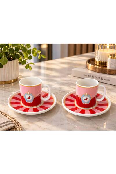 NAROVA Pink Bird Patterned Porcelain Luxury Turkish Coffee Cup Set for 2 Peop...