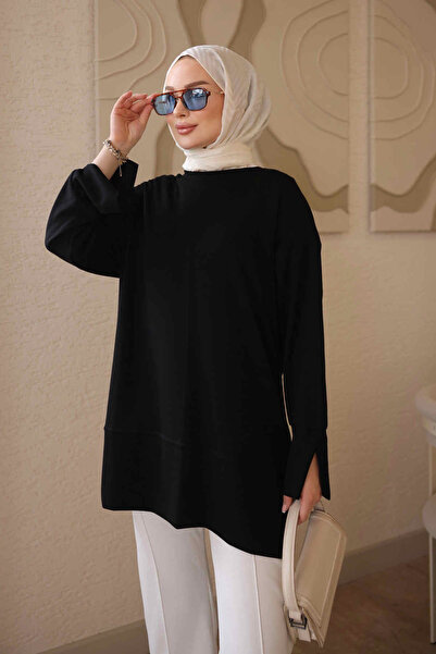İmajButik Black Tunic with Cuffs and Slits on the Sleeves and Skirt