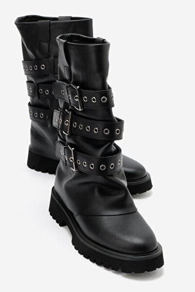 LuviShoes CALDY Siyah Hakiki Deri Tokalı Kadın Biker Bot