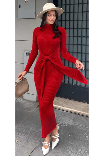 Love Benti LoveBenti Kadın Fitilli Bağlama Detaylı Boydan Triko Elbise