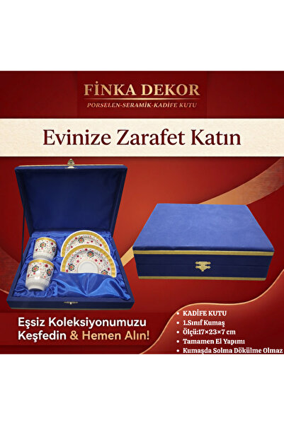 2'Li Çiçek Desen Altın Motifli Porselen Türk Kahvesi Fincan Takımı-Özel Kadife Kutulu