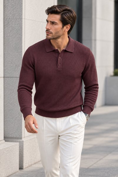 QUHOX Erkek Polo Yaka Uzun Kollu Dokulu Triko Kazak - Bordo