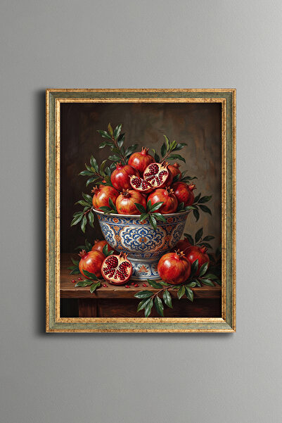 epiqart Pomegranates in Blue Chinoiserie Bowl - Vintage Patterned Painting - ...