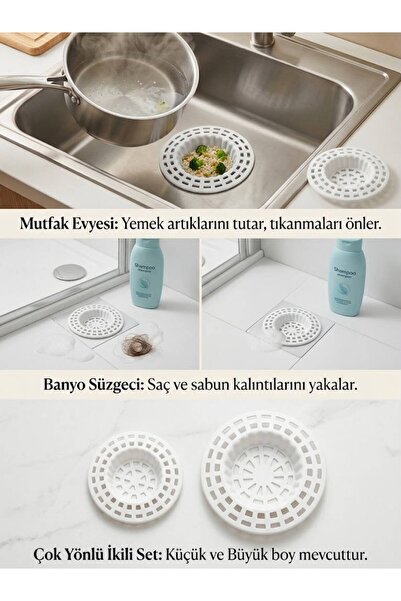 ÇEÇEN HOME طقم مصفاة حوض من السيليكون الأبيض (6 سم) صغير (2 قطعة) و (7 سم) كب...