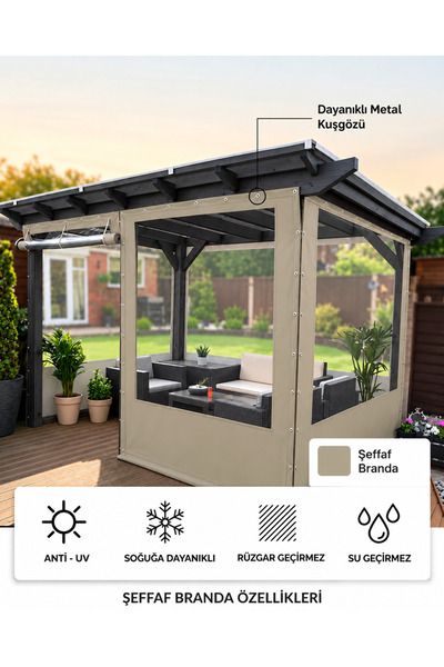 İthal Şeffaf PVC Branda 270 x 300 cm 0,80 mm Fermuarsız Kuşgözlü Kış Bahçesi Balkon Kapama