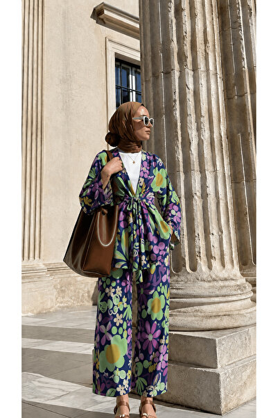 Hepsi Moda Botanik Desen Pantolonlu Kimono Takım - Lila & Yeşil
