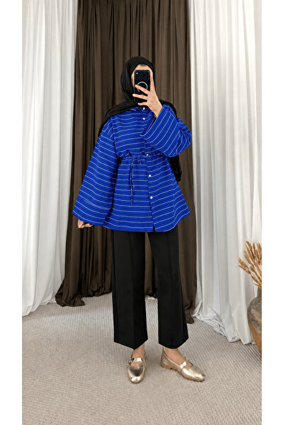 Hepsi Moda Biye Kemerli Çizgili Tunik - Lacivert