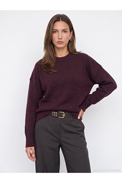 Dilvin 10886 Wool Blend Crew Neck Sweater-Purple