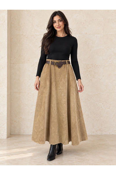 AGORATEKSTİL Women's Italian Shoni Velvet Belted Double Pocket Skirt 42-46