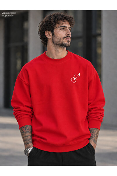 caddekombin Men's Chest Emblem Guitar Note Line Graphic Printed Crew Neck Cas...