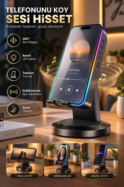 TECHNOMEN 3'ü 1 Arada İndüksiyon Hoparlör Telefon Tablet Standı – LED Işıklı ...