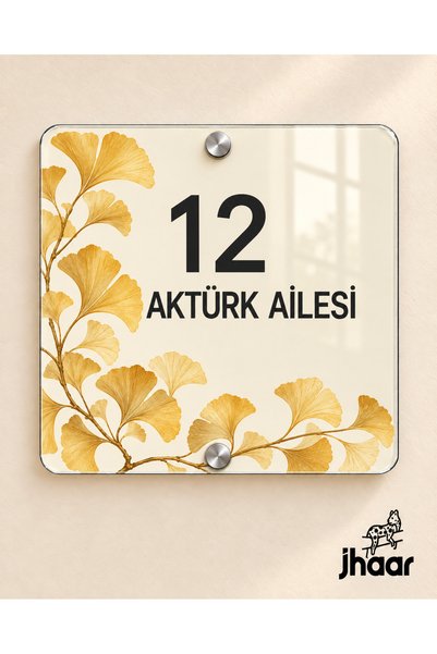 JHAAR Kişiye Özel Krem Ginkgo Desenli Pleksi Kapı İsimliği - İsim ve Kapı Num...