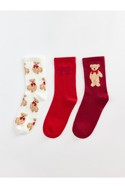 LC Waikiki Nevavm Farkıyla Lcw Dream Ecru Patterned 3-Pack Women's Socks