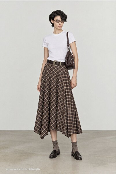 Babushka Asymmetrical Cut Brown Plaid Long Skirt