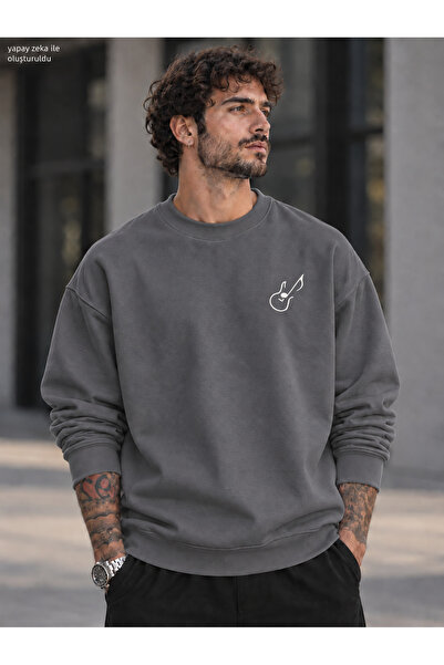 caddekombin Men's Chest Emblem Guitar Note Line Graphic Printed Crew Neck Cas...