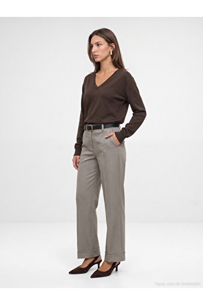 Dilvin 72821 Belted Curled Leg Trousers-Mink