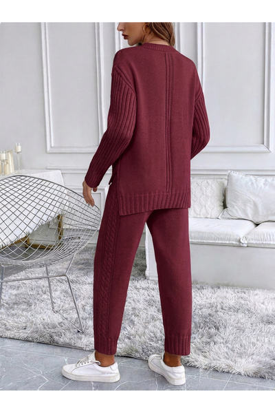 SAYZEN YOUR SHİNE Set de tricotaje cu decolteu rotund și detaliu cu șliț, la modă, pulover și pantaloni