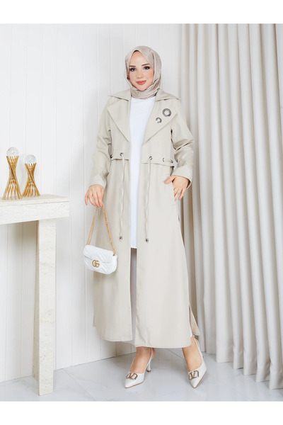 moda periy Elisa Beli Büzgülü Uzun Kadın Trençkot