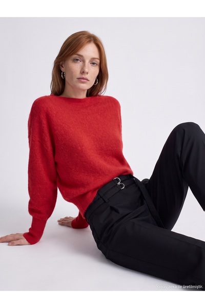 Dilvin 10857 Boat Neck Soft Textured Sweater-Red