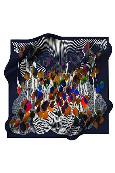Aker Pure Tivil Silk Scarf Navy Blue Abstract Pattern