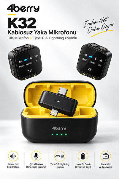 4 Berry K32 Kablosuz Yaka Mikrofonu – Çift Mikrofonlu, Şarj Kutulu, Type-C & ...