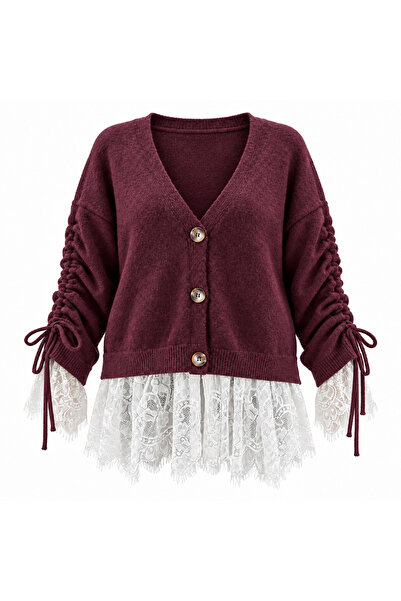 peri tower Women's Lace Detailed Gathered Sleeve Tie-Up Buttoned Knitwear Car...