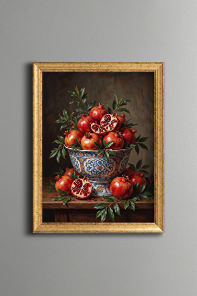 epiqart Pomegranates in Blue Chinoiserie Bowl - Vintage Patterned Painting - ...