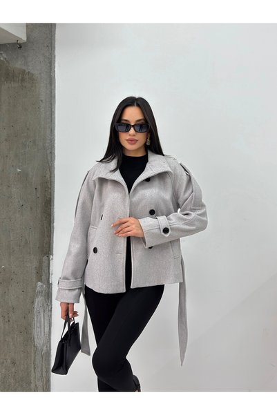 MODA DURAĞI Arven High Collar Belted Short Lined Coat Gray