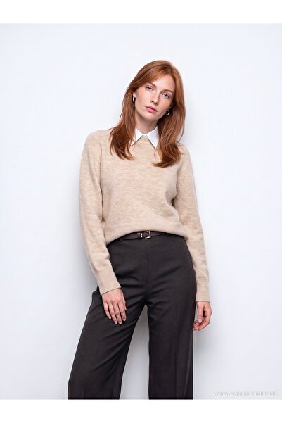 Dilvin 10884 Wool Blend Crew Neck Sweater-Beige