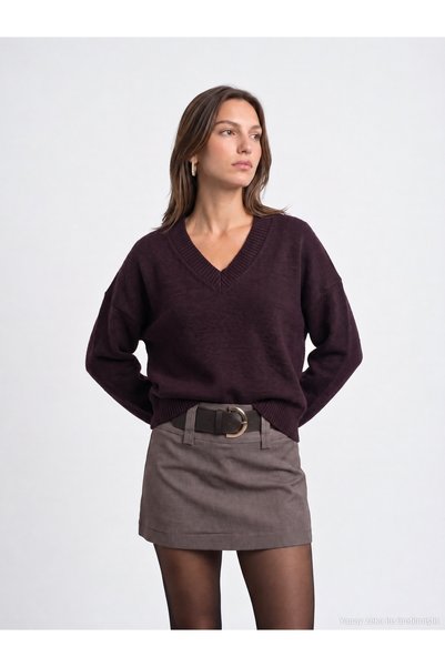 Dilvin 10888 Wool Blend V-Neck Sweater-Purple