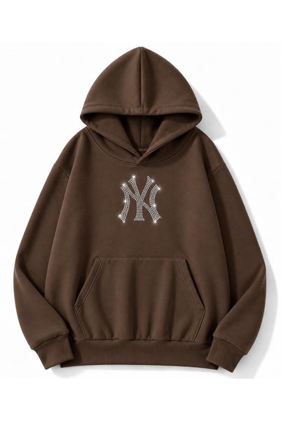 MOONBULL Unisex NY Taş Baskılı 3 İplik Kışlık Kapüşonlu Kanguru Cepli Oversiz...