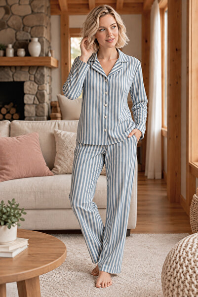 CALİA Women's Shirt Collar Buttoned Suede Pajama Set Soft and Comfortable Fit