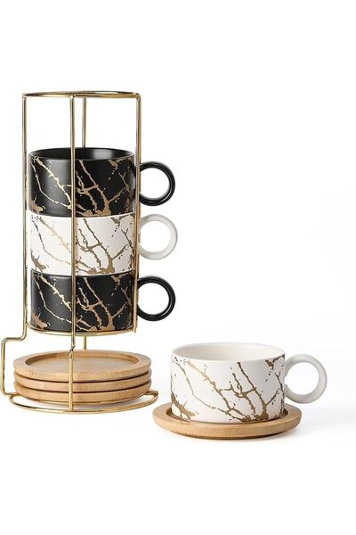 EXCEFORE 6oz Porcelain Espresso Cups with Metal Stand, 180ml Stackable Cerami...
