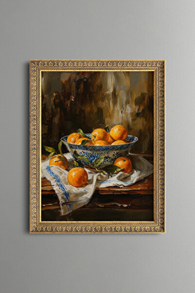 epiqart Oranges in Blue Porcelain Bowl - Vintage Patterned Painting - Fine Model