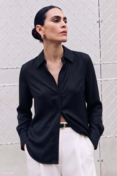 Sateen Patterned Classic Shirt - Navy Blue