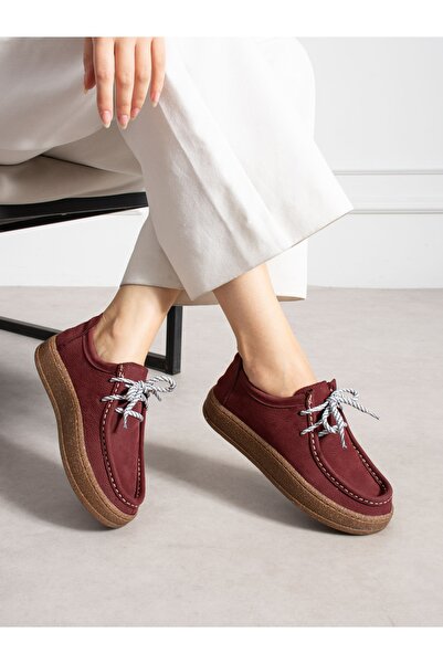 ALEMDAR AYAKKABI Aveli̇ne Burgundy Genuine Leather Lace-Up Women's Shoes