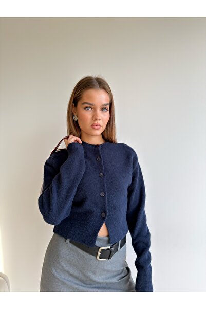 KENZA'A TRİKO Belly-Cut, Button-Front, Ribbed Knit Cardigan
