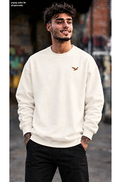 caddekombin Men's Minimal Tan Eagle Figure Printed Crew Neck Casual Regular F...
